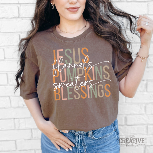 Jesus Flannels Pumpkins Sweaters Blessings Comfort Colors Tee in Espresso — Creative Ranch