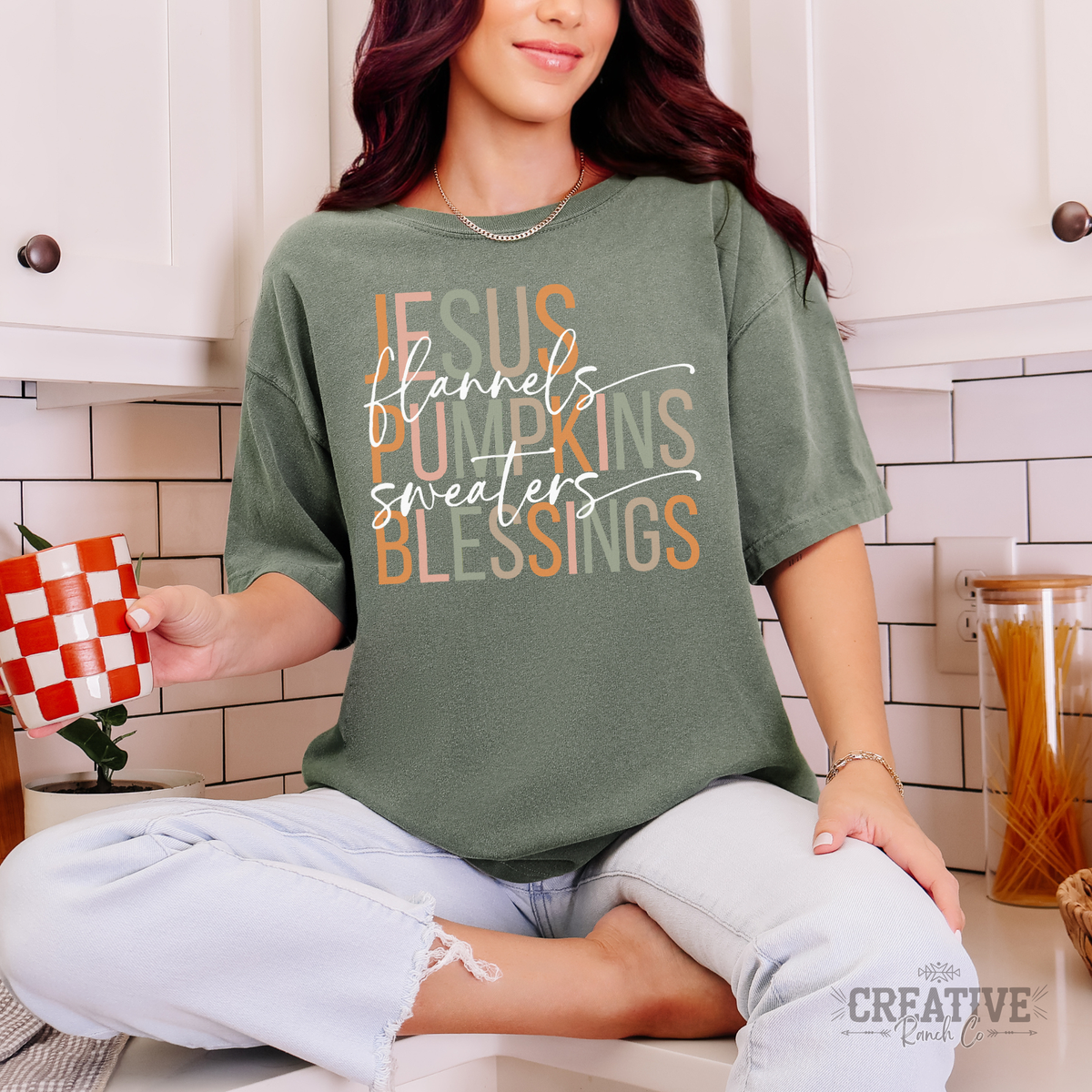 Jesus Flannels Pumpkins Sweaters Blessings Comfort Colors Tee in Moss — Creative Ranch